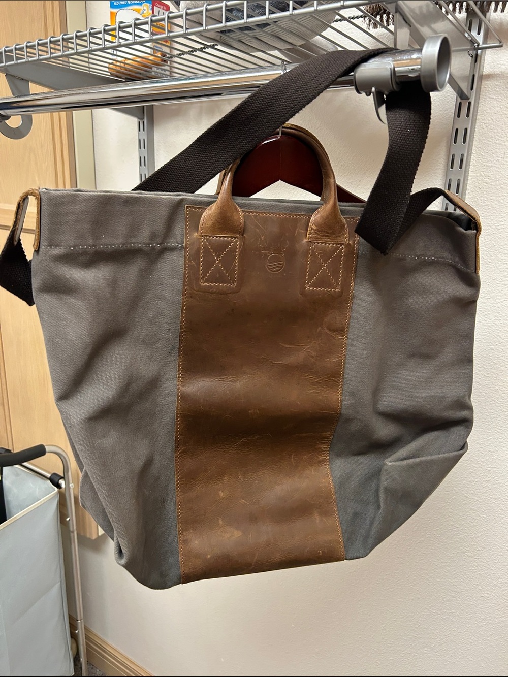 Horny Toad Gray Canvas Tote with Brown Leather Center Panel